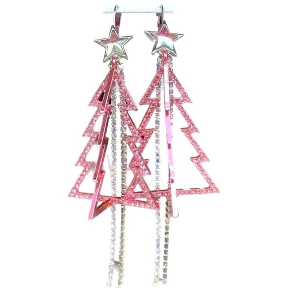BETSEY JOHNSON Open Silver & Pink Crystal Strand Christmas Tree Dangle Earrings - Picture 1 of 3